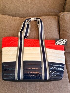 THINK ROYLN Quilted Stripe Tote in Red/orange White Navy